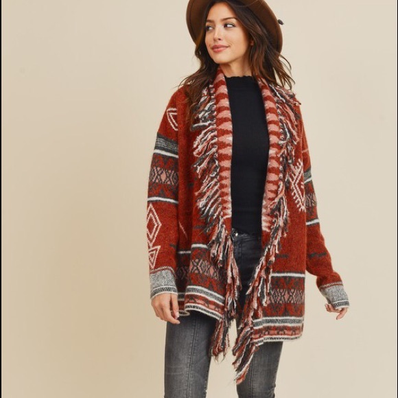 Tribal Print Sweater Cardigan Fringe Aztec Knit RUST - Picture 6 of 9